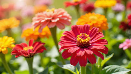 Obraz premium Vibrant zinnia flowers blooming in sunny garden, natural beauty