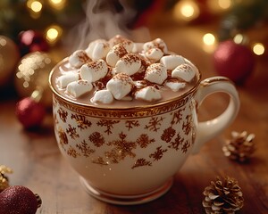 Fototapeta premium Steaming Hot Chocolate with Marshmallows for Holiday Promotions – Generative AI