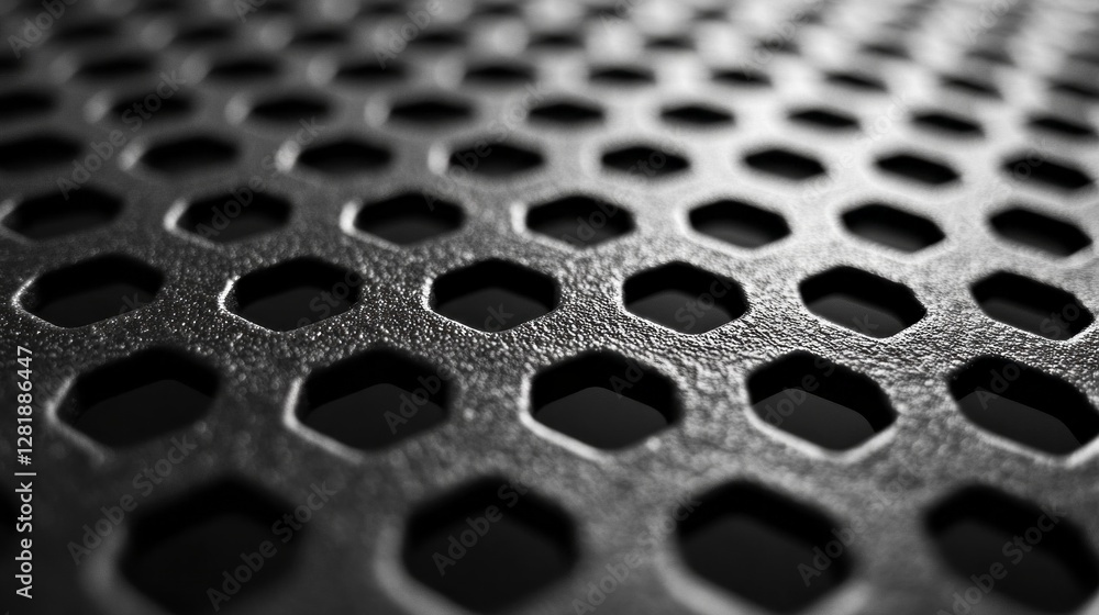 Aufkleber Textured surface of dark metal mesh showcases an abstract hexagon pattern, creating an intriguing play of light and shadow. This design captures a modern aesthetic, perfect for artistic spaces.
