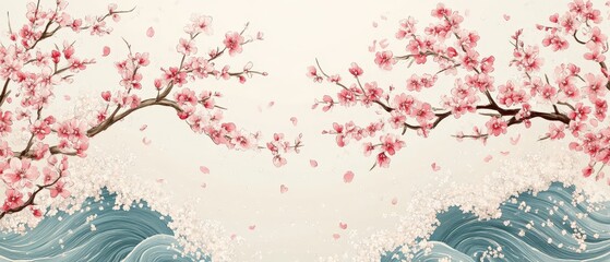 Obraz premium Subtly distressed Japanese wave pattern with blooming sakura branches, embracing seasonal change