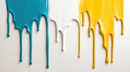 This vibrant image features drips of blue, white, and yellow paint cascading down a plain canvas, showcasing a beautiful blend of color and texture perfect for abstract art.