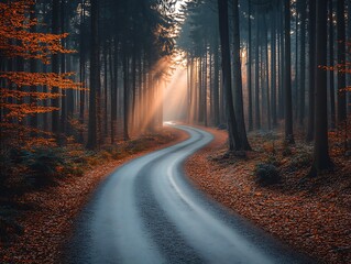 Fototapeta premium A winding road follows the path through a beautiful forest