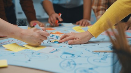 Obraz premium A vibrant brainstorming session featuring diverse hands working together on a large paper, surrounded by colorful sticky notes and markers, full of innovative ideas. SACTR
