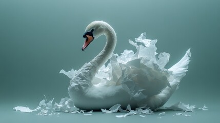 Elegant swan adorned with paper, gracefully posed against a serene backdrop, symbolizing beauty