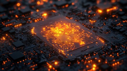 Glowing CPU, Circuit Board, Data Processing, Tech Background, AI