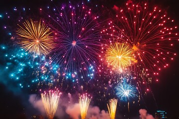 Fireworks display over city at night. Possible use Stock photo (1)