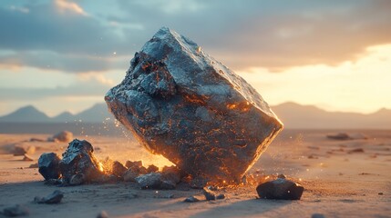 Rock breaking into pieces, desert background, cinematic lighting, product photography.