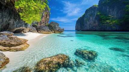 Obraz premium A remote tropical beach with clear turquoise water and dramatic rock formations, creating an idyllic and untouched landscape.
