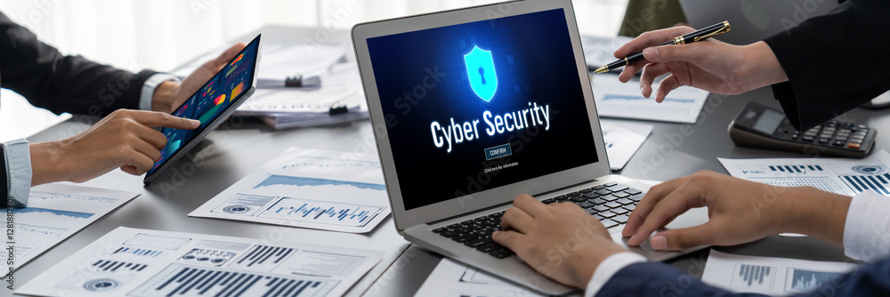 Poster cyber security system on computer screen protect private information brisk from hacker and cyber att