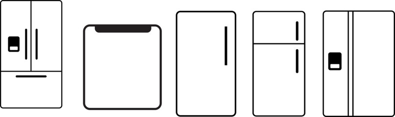 set of Refrigerators line icon. Fridge types, freezer, wine cooler, commercial major appliance, refrigerated display case. Thin linear signs for household equipment shop,