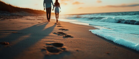 A couple strolls along the serene beach at sunset, their footprints trailing softly in the sand, embodying romance and tranquility.