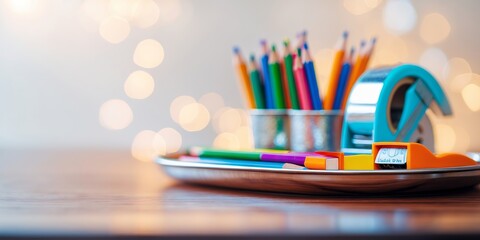 Obraz premium Colorful stationery and tools arranged on a tray with creative background and soft lighting