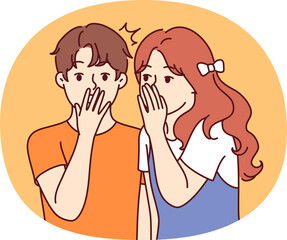 Little girl whispers in boy ear, telling secret news or sharing amazing gossip about classmates. Funny elementary school children are having shock discussing secret or plans for weekend