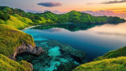 A serene and colorful Fiji island landscape with emerald green hills and clear blue lagoons reflecting the sunset.