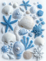 Seashells, Starfish, and Coral Arrangement on White Background – AI Generated