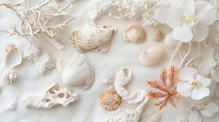 Monochromatic seaside composition featuring shells and orchid blooms