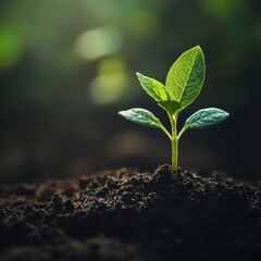 Naklejka premium Tender sprout in fertile soil bathed in soft sunlight symbolizing growth and new beginnings in the garden