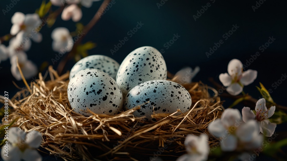 Poster a nest of four eggs sits on a branch of a tree