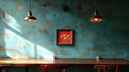 Teal wall restaurant interior, sunlight, wooden table