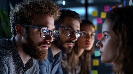 Obraz premium A group of people are looking at a board with a lot of writing on it