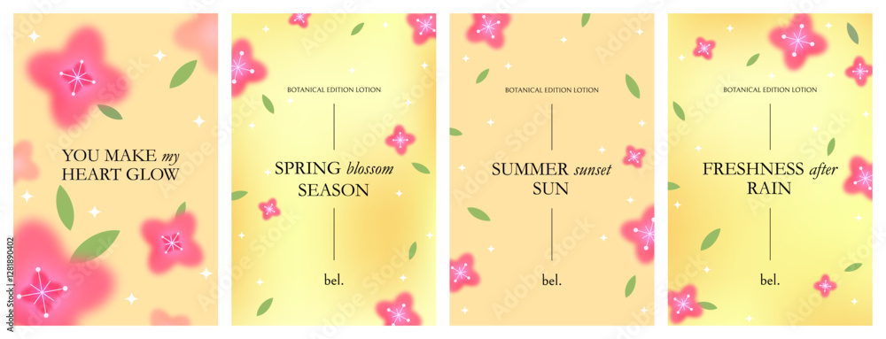 Poster spring background with pink sakura flowers and yellow gradient. vector abstract floral posters desig