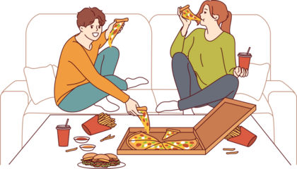 Problem of gluttony is guy and woman eating fast food, sitting on couch at table with burgers and pizza with soda. Man and girl are addicted to junk food or need treatment for gluttony.