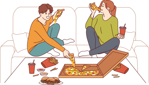 Problem of gluttony is guy and woman eating fast food, sitting on couch at table with burgers and pizza with soda. Man and girl are addicted to junk food or need treatment for gluttony.