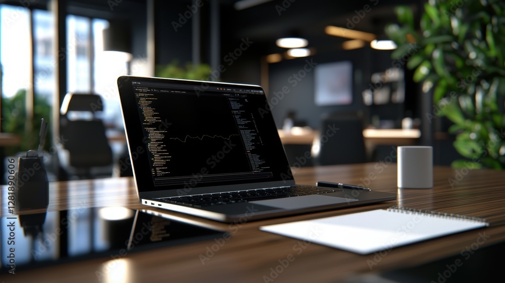Poster a laptop is open on a desk with a notebook and a cup