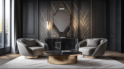 Opulent lounge featuring luxurious armchairs, reflective accents