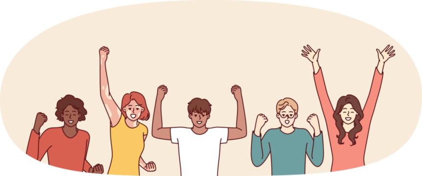 Delighted diverse people making victory gestures with hands enjoying joint success. Team of emotional people in casual clothes celebrating common victory or completion of difficult project