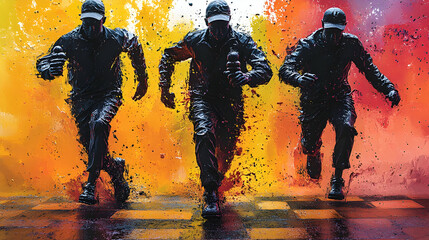 Three figures running, vibrant background, action shot, for music album art