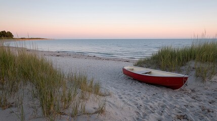 Red boat on sandy beach at sunset, calm sea