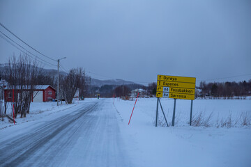 Naklejka premium The road sign of sørreisa at Brøstadvein in Tromsø, Norway