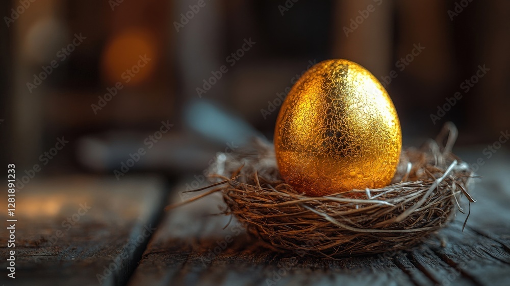 Poster golden egg resting in a rustic nest on a wooden table, with a blurred background hinting at a cozy s