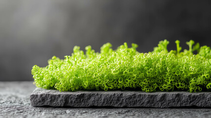 Fototapeta premium Lime green moss on textured grey stone for natural design and decor concepts