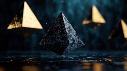 Fototapeta premium A black pyramid is floating in the air above a blue background