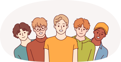 Group of high school guys smile and look at screen, for concept of multi-ethnic society. Positive teenage boys in casual clothes offer to join youth community or become member of university fraternity