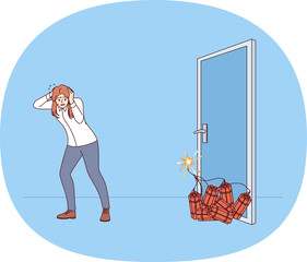 Woman manager sets off explosion to open door, covers ears with hands, standing near dynamite. Concept of being ready to do anything to achieve business goal in career of girl manager