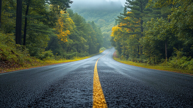scenic road surrounded by lush trees and vibrant autumn foliage, leading into misty landscape. wet pavement reflects colors of nature, creating serene