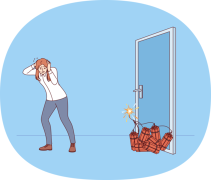 Woman manager sets off explosion to open door, covers ears with hands, standing near dynamite. Concept of being ready to do anything to achieve business goal in career of girl manager