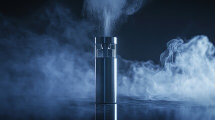 Metallic vaporizer emitting vapor in dark studio.