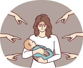 Young mother with baby in arms is ashamed because of condemnation of surrounding people pointing fingers. Woman who becomes mother feels postpartum depression and needs psychological support