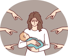 Young mother with baby in arms is ashamed because of condemnation of surrounding people pointing fingers. Woman who becomes mother feels postpartum depression and needs psychological support