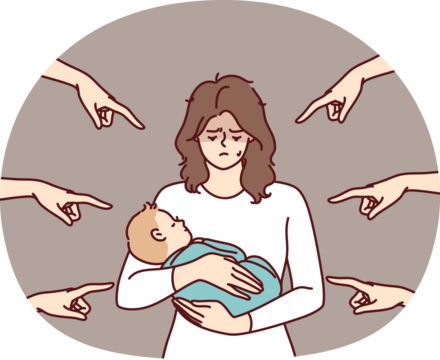 Young mother with baby in arms is ashamed because of condemnation of surrounding people pointing fingers. Woman who becomes mother feels postpartum depression and needs psychological support