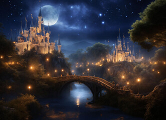 Fototapeta premium Fairytale night city in lights and in the light of the moon