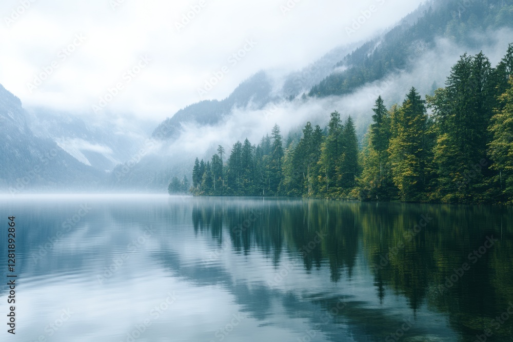 Aufkleber tranquil lake surrounded by misty mountains and lush forests reflecting in calm waters at dawn. gene
