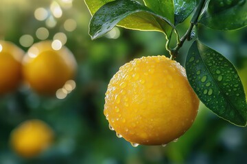 Golden yuzu fruit hanging from branch, sunlight glowing on textured, dewy skin
