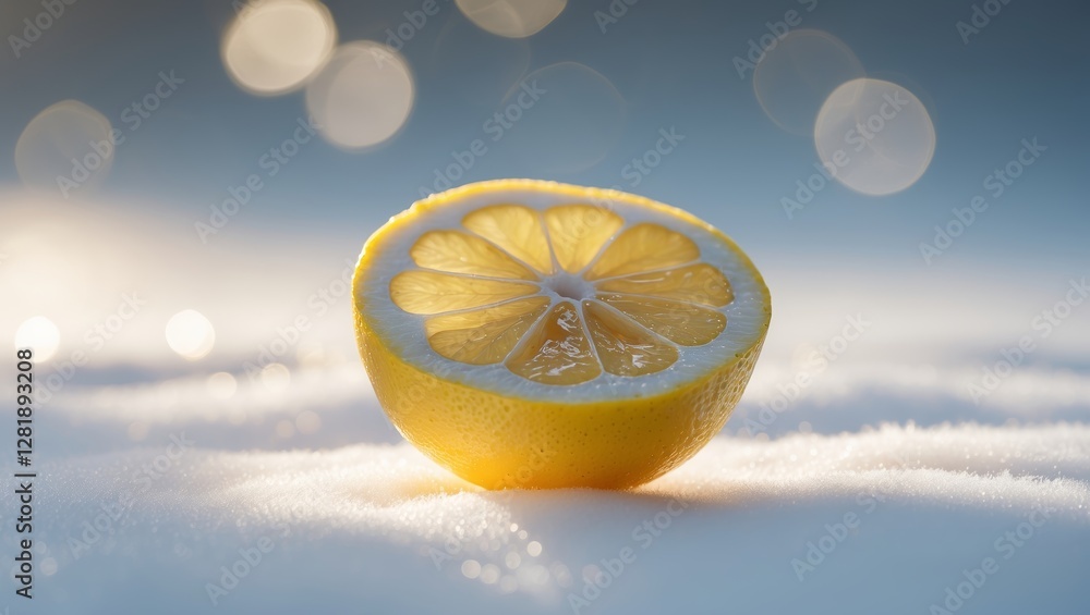 Poster freshly cut lemon half resting on snow with shimmering bokeh background in a winter setting