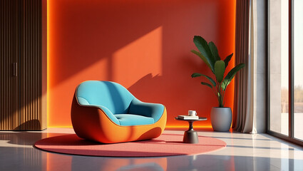 A modern living room has a modern interior with an armchair and a concrete floor 3d rendering generated with AI