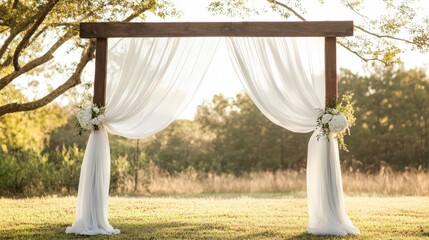 Fototapeta premium Romantic Outdoor Wedding Arbor with White Fabric and Floral Accents